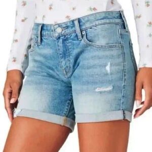 Lucky Brand Women's High Rise The Roll Up Distressed Denim Shorts-Blue